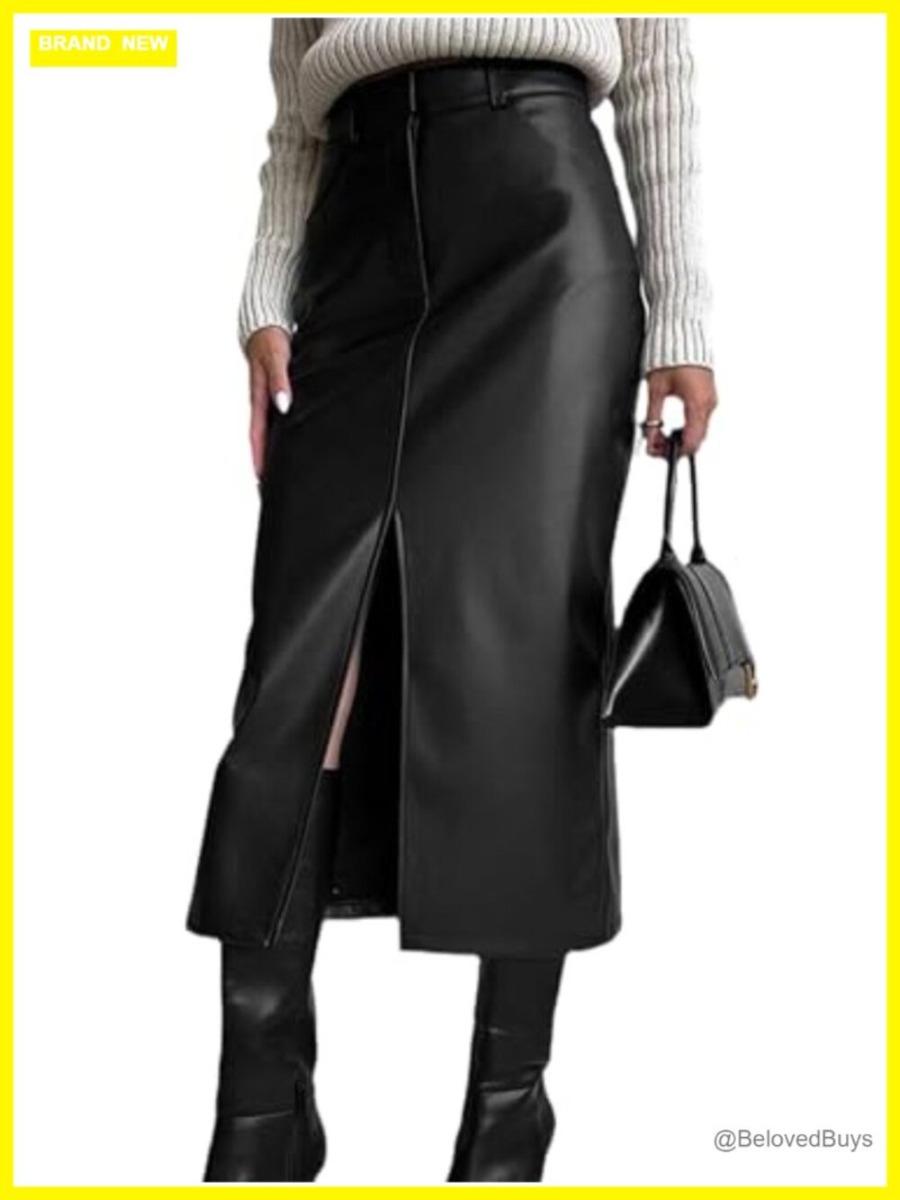 Faux Leather High Waisted Bodycon Pencil Skirt with Front Slit Midi Length